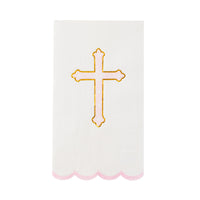 Single guest towel showing pink cross and gold trim, ideal first communion napkins