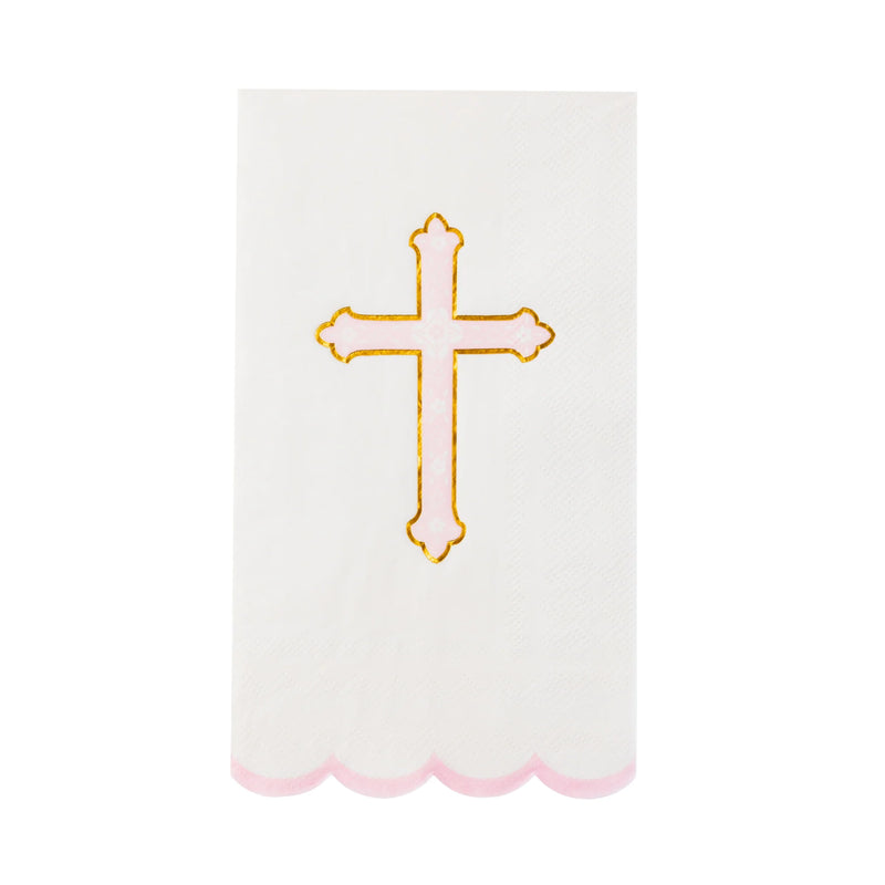 Single guest towel showing pink cross and gold trim, ideal first communion napkins