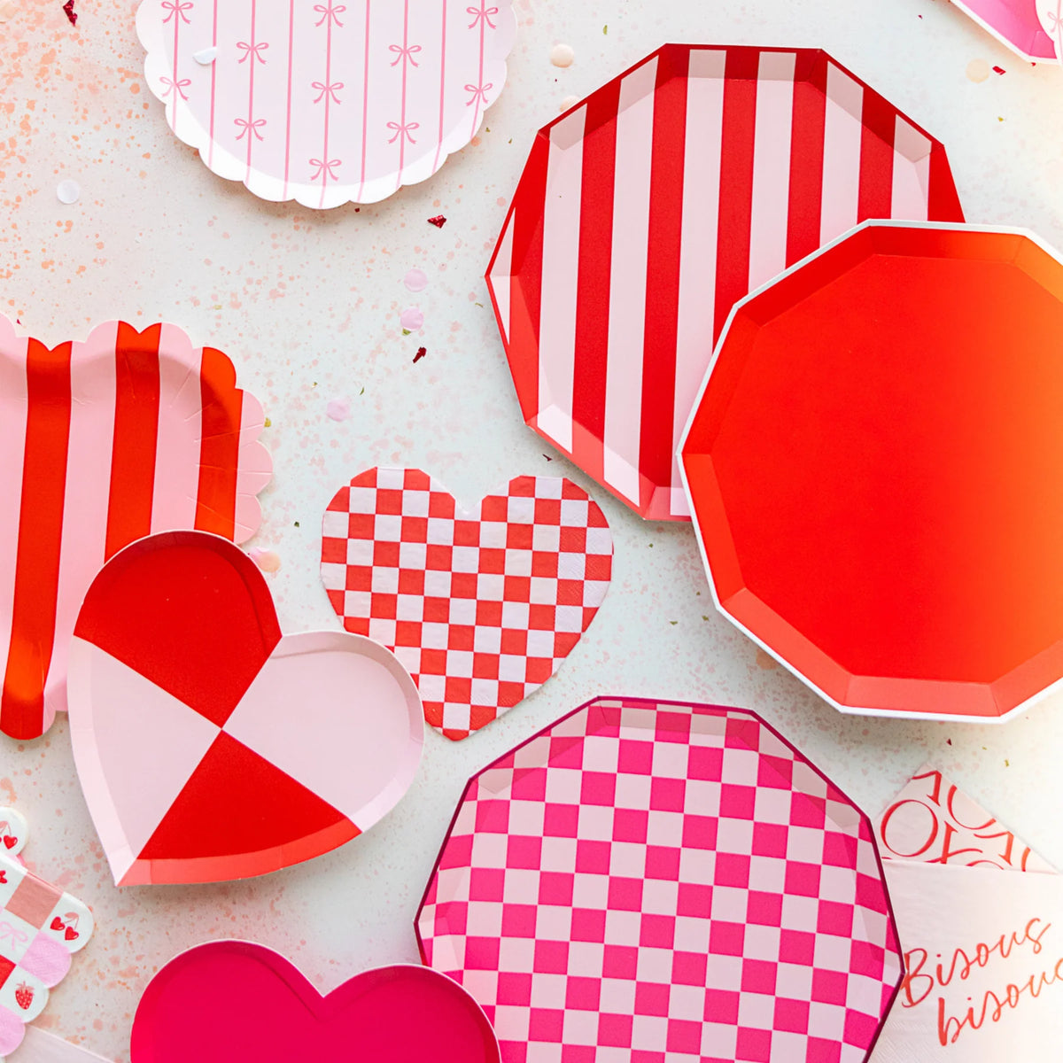 Assorted hearts and checks styled with cabana plate for playful holiday tableware