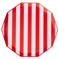 Front view of pink and red cabana stripe decagon plate, 10.75 inches