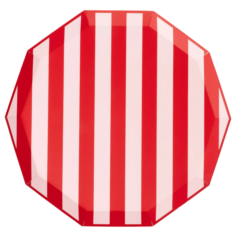 Front view of pink and red cabana stripe decagon plate, 10.75 inches