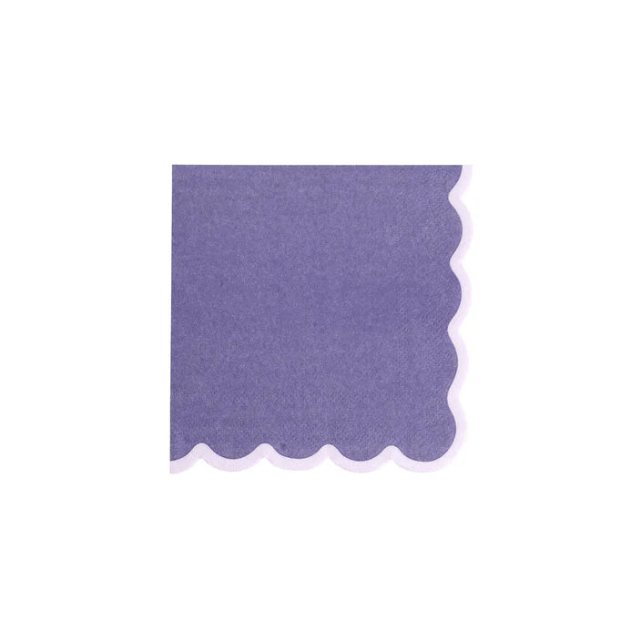 Single dark purple cocktail napkin with lilac scalloped border on white background.