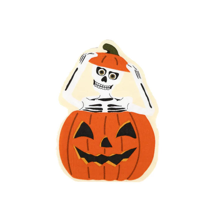 Product image of the skeleton popping out of a jack o lantern die cut napkin on white background.