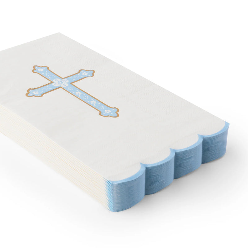 Stack of sky-blue cross guest towels with scalloped edge for baptism napkins