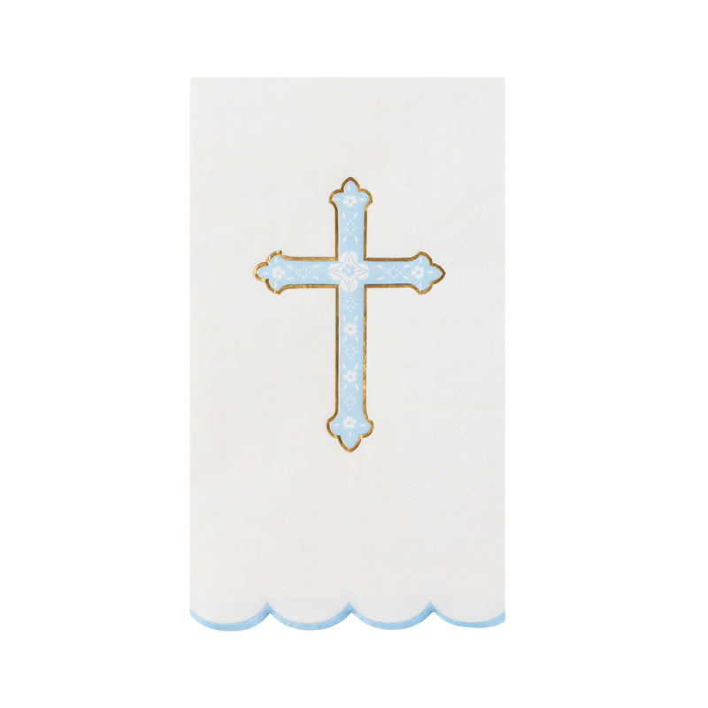 Single guest towel showing sky-blue cross with gold trim, ideal first communion napkins