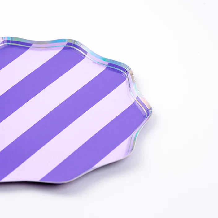 Purple and lilac striped scalloped dessert plate with iridescent rim, corner detail.
