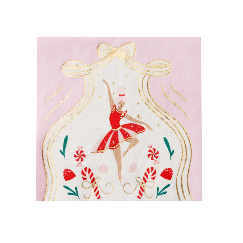 Front view of Sugarplum Fairy napkin with candy canes and gold foil for nutcracker Christmas theme