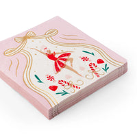 Stack of pink lunch napkins with ballerina and gold bow, perfect Christmas napkins