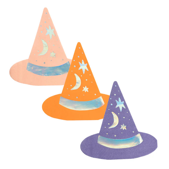 Set of three witch hat cocktail napkins in purple, orange, and peach shown together.