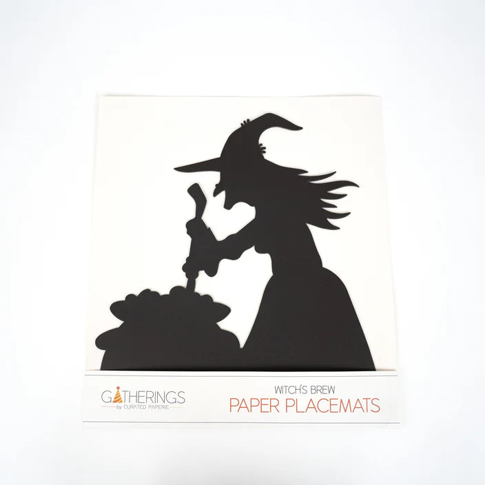 Retail pack of Witch’s Brew paper placemats showing the black witch stirring a cauldron design.