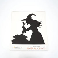 Retail pack of Witch’s Brew paper placemats showing the black witch stirring a cauldron design.