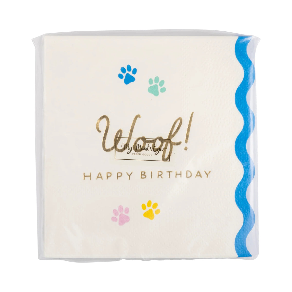 Front of retail pack with gold foil Woof Happy Birthday and multicolor paw prints.
