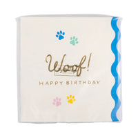 Front of retail pack with gold foil Woof Happy Birthday and multicolor paw prints.