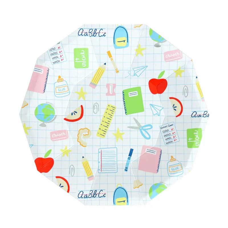 Front view of 10-inch octagon paper plate covered in colorful school supply illustrations on grid background	