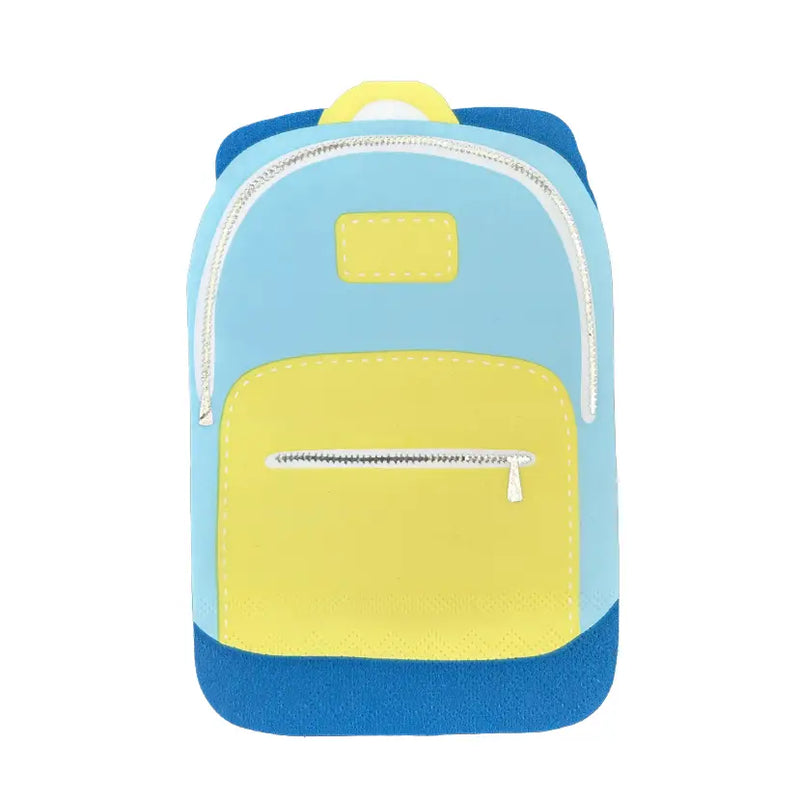 Front view of blue-and-yellow backpack-shaped paper napkin, 7 inches tall	