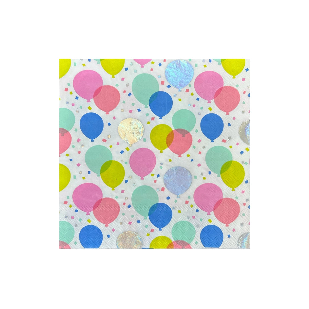 Single 6.5-inch square birthday napkin featuring pastel and bright balloons with confetti on white background