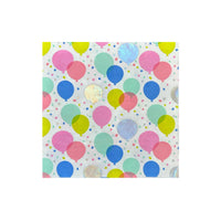 Single 6.5-inch square birthday napkin featuring pastel and bright balloons with confetti on white background
