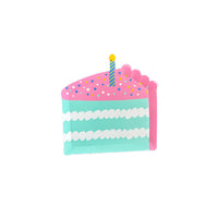 Single five-inch cake-slice paper plate with mint layers, pink frosting, confetti sprinkles, and striped candle topper