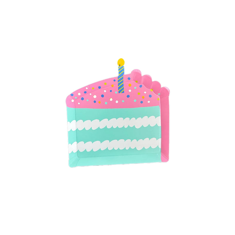 Single five-inch cake-slice paper plate with mint layers, pink frosting, confetti sprinkles, and striped candle topper