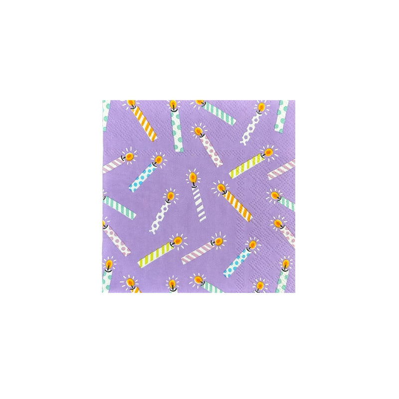 Lilac cocktail napkin covered in multicolor striped birthday candles, perfect accent for versatile birthday party ideas