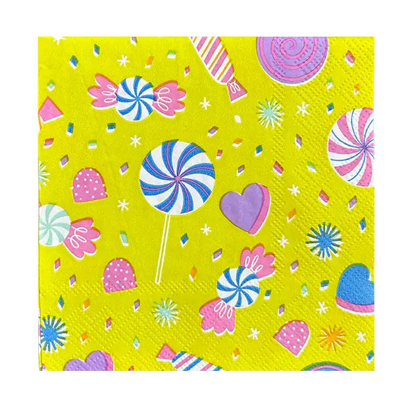 Lime-green cocktail napkin covered in colorful lollipops, peppermints, and heart candies—perfect for kids birthday parties