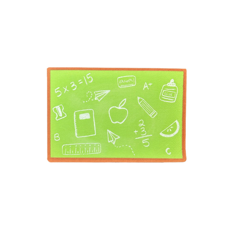Isolated bright-green chalkboard napkin with white doodles of math, apple, ruler, and glue, outlined in orange border