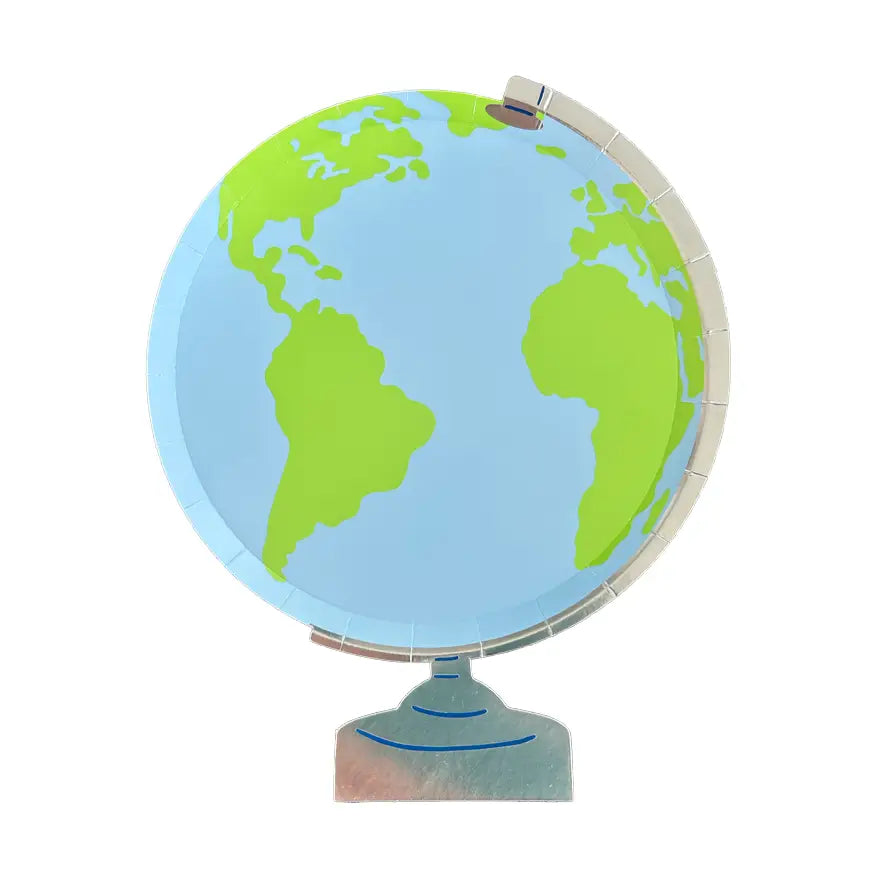 Isolated globe-shaped paper plate on white background featuring blue oceans and green continents with silver foil stand	