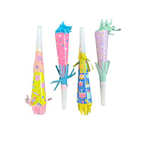 Four colorful birthday party blowers with patterned sleeves and tissue-fringe tails lined up on a white background	