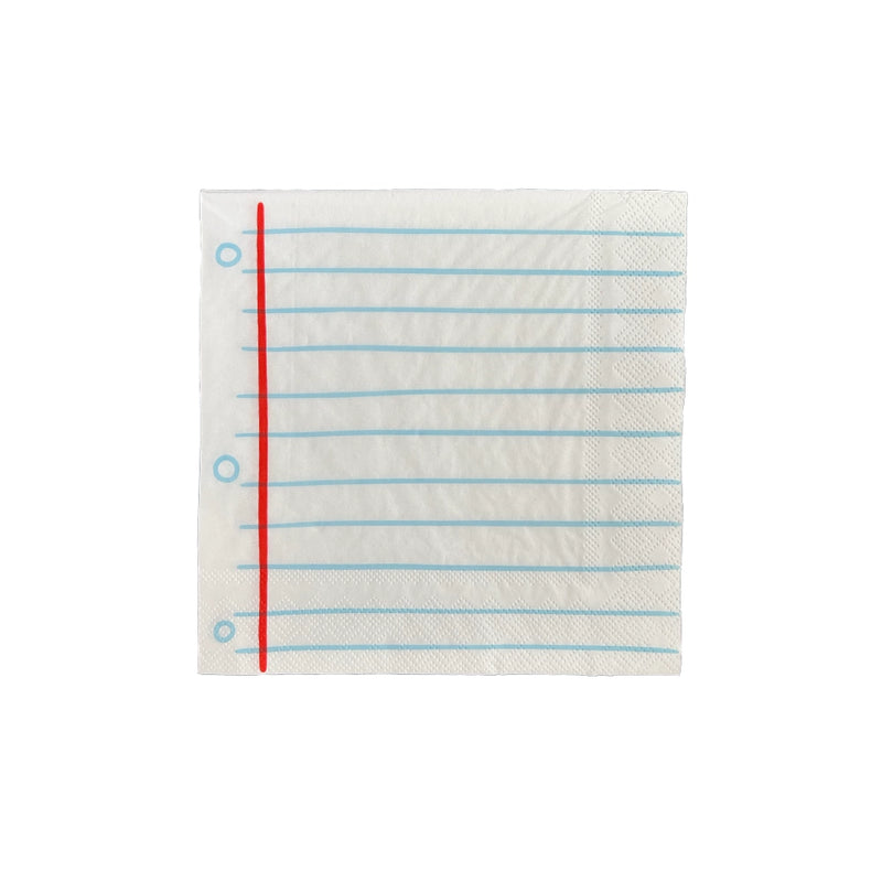 Square notebook-paper napkin with blue lines and red margin, folded 6.5 inches