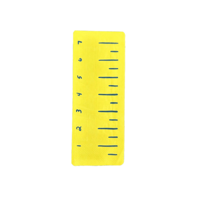 Close-up of single yellow ruler guest napkin on white background showing inch marks 1 through 7, ideal for back to school napkins collection	