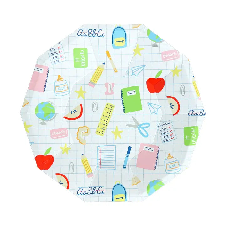 Octagon 8-inch small paper plate featuring colorful school-supply illustrations on grid paper—perfect for back to school party supplies