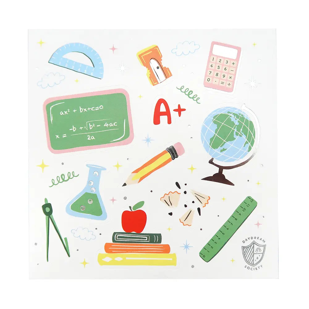 Square sticker sheet featuring calculators, globes, chalkboards, pencils, books, and rulers—ideal book stickers for school planners	