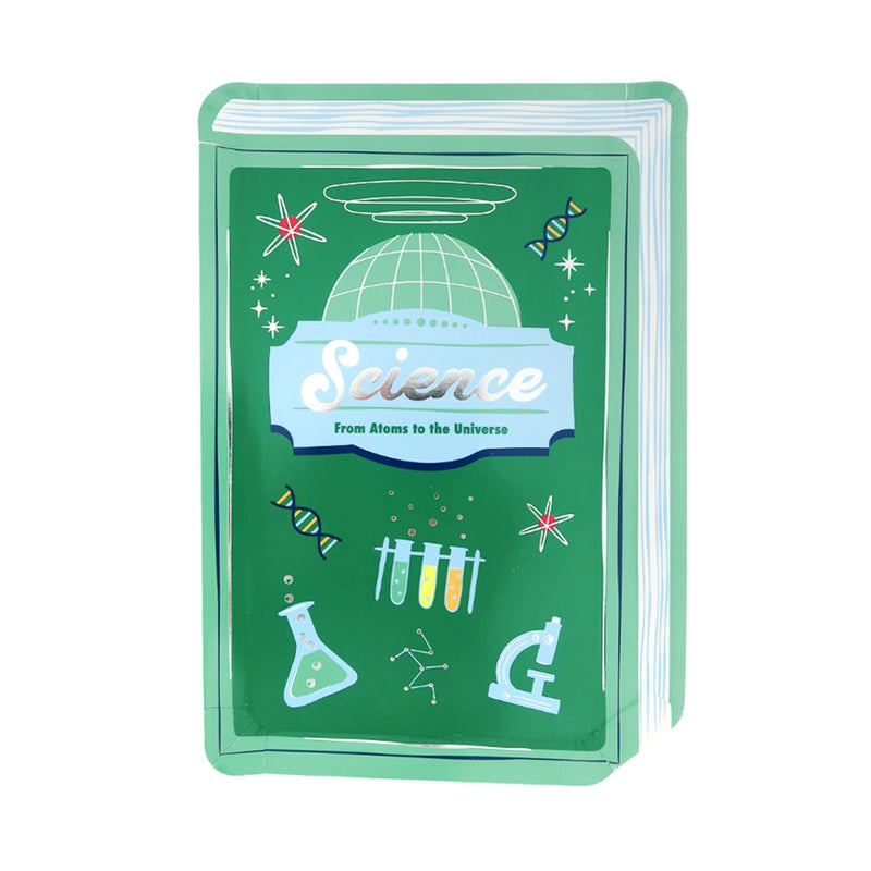Green Science textbook-shaped paper plate with beaker, DNA helix, and test tubes—ideal back to school paper plates for older kids	