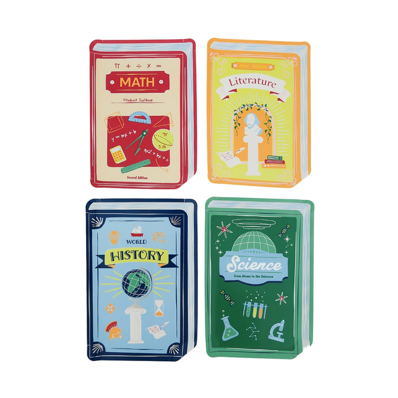 Group image of all four textbook plates laid out for stylish, subject-themed back to school party decorations