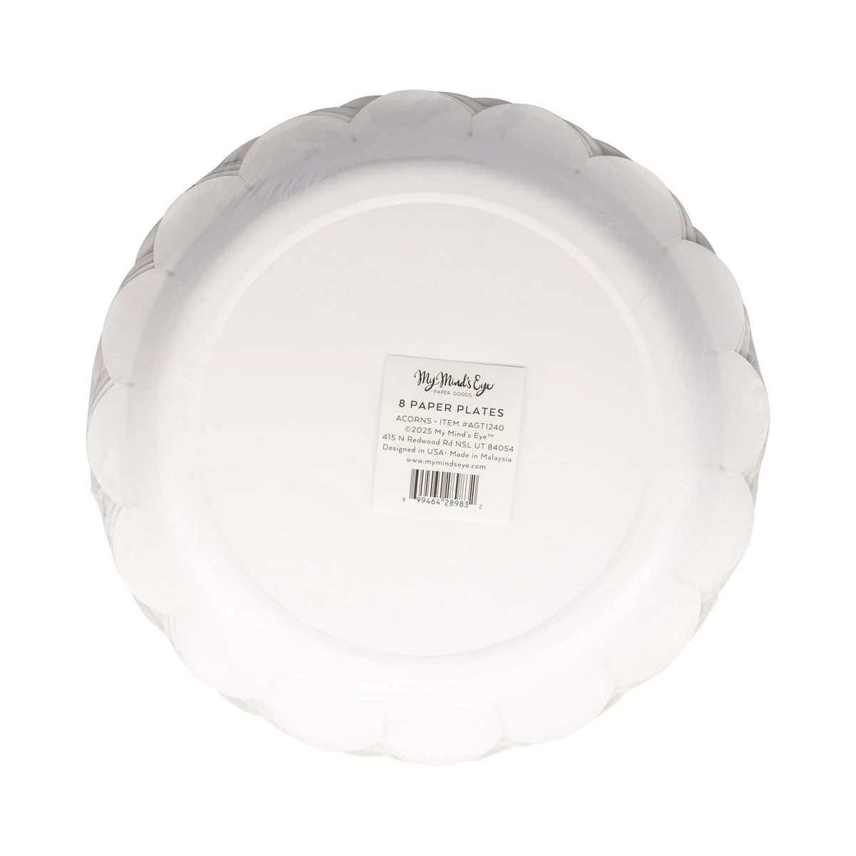 Back of acorn print scalloped paper plate package