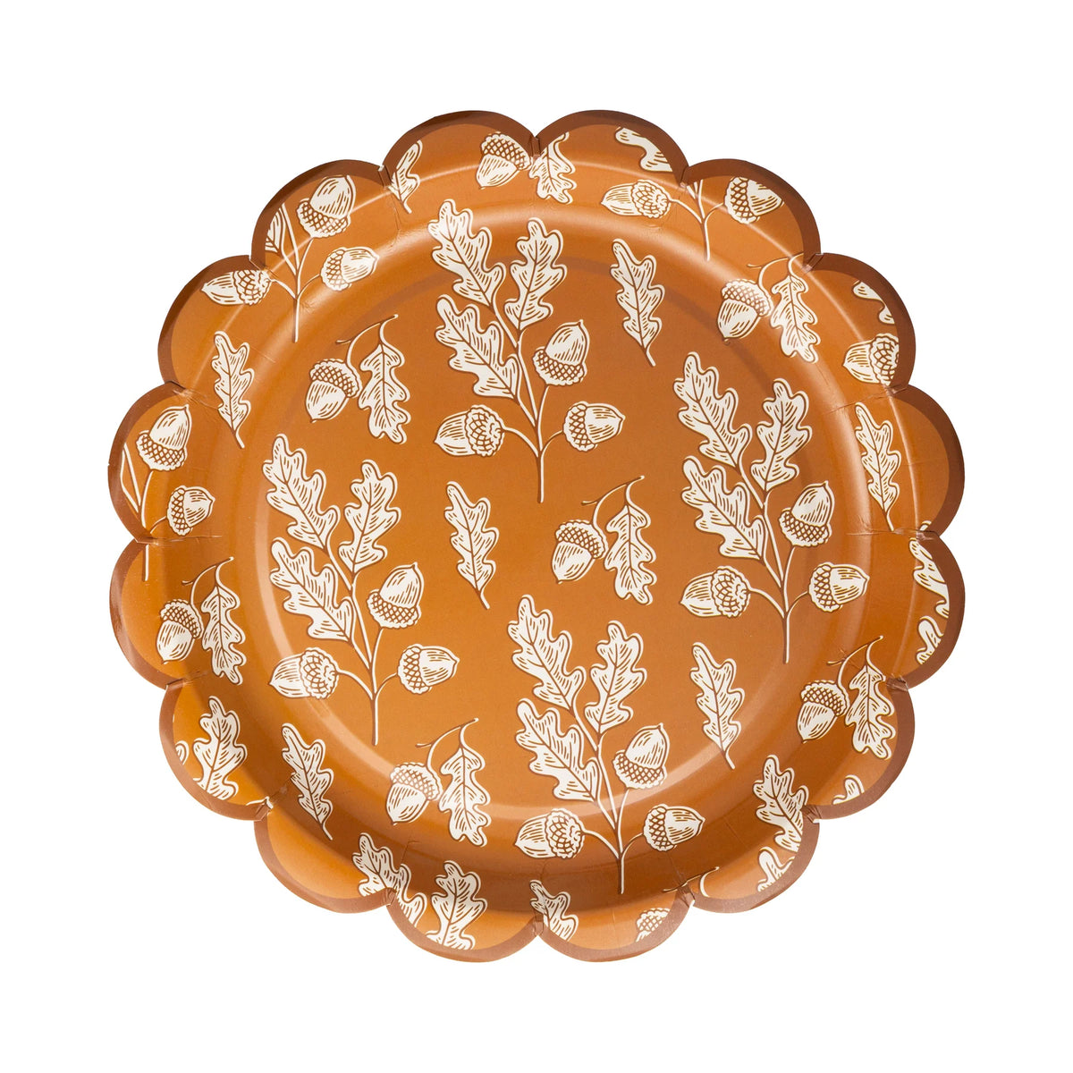 Rust scalloped plate with white acorn and oak leaf pattern