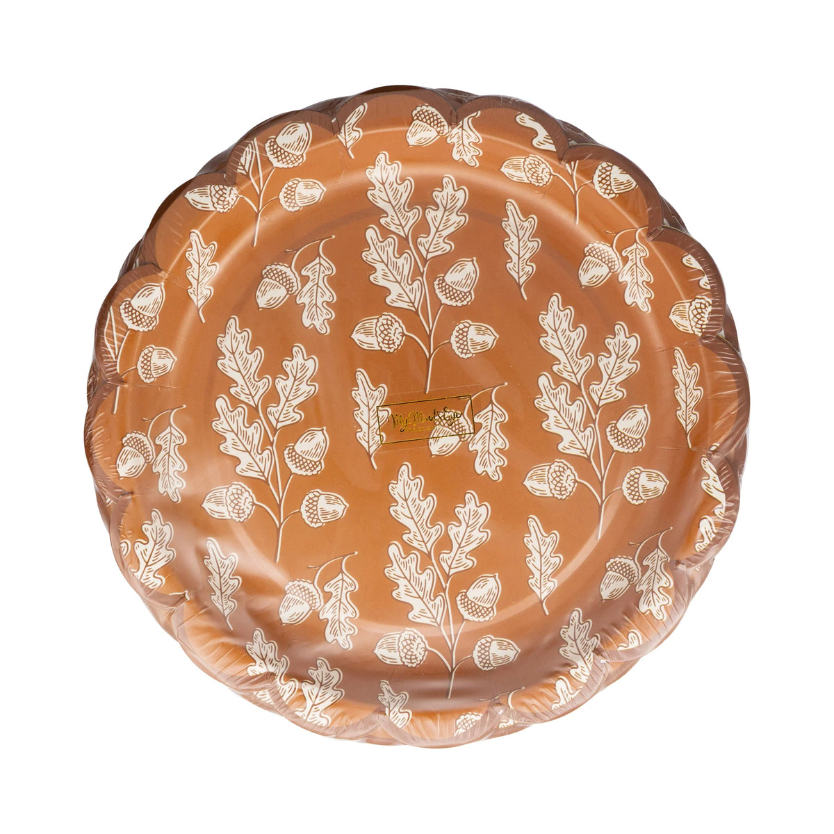 Rust scalloped plate with white acorn and oak leaf pattern