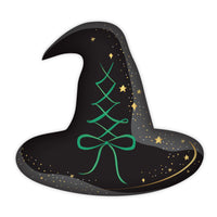 Single black witch hat shaped paper plate on white background, large halloween paper plates design