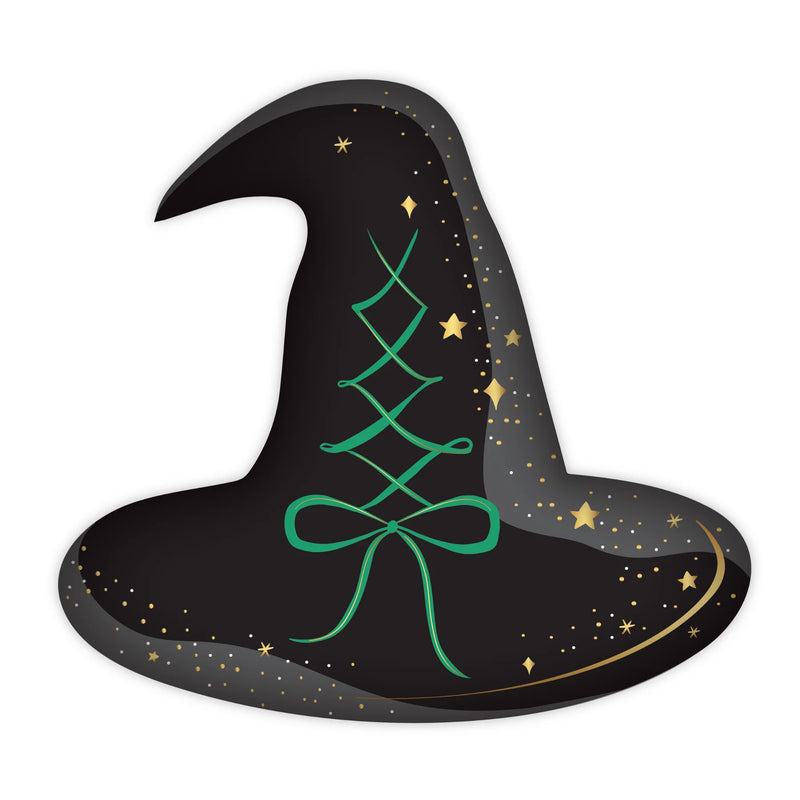 Single black witch hat shaped paper plate on white background, large halloween paper plates design
