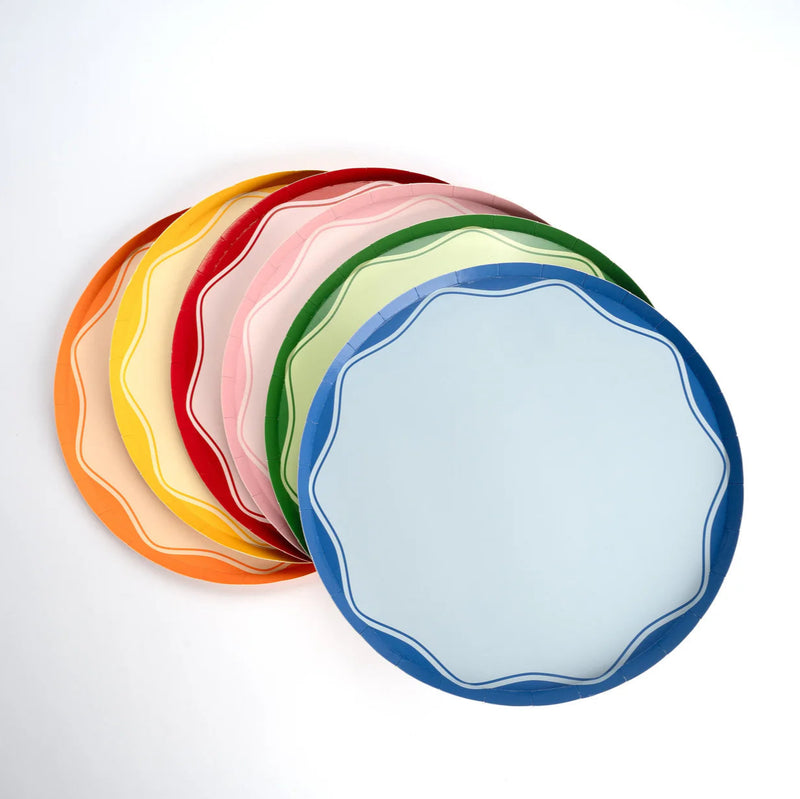 Fan of color block dinner plates in multiple colors, perfect birthday plates