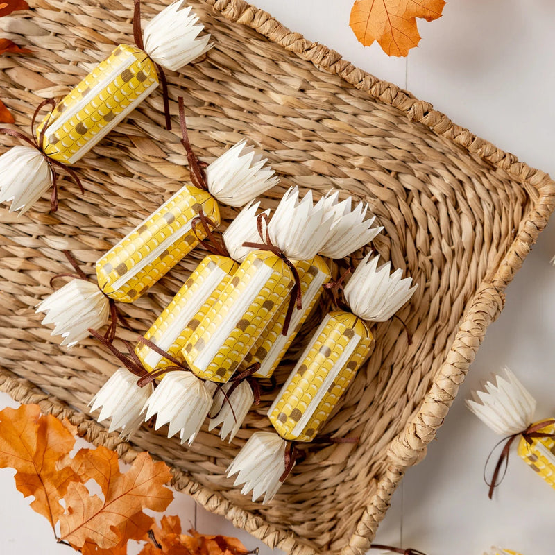 Kids table styled with corn party crackers, fun Thanksgiving activities for kids