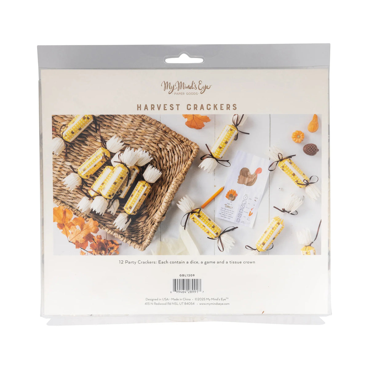 Back of corn crackers package showing contents and how they are fall party favors