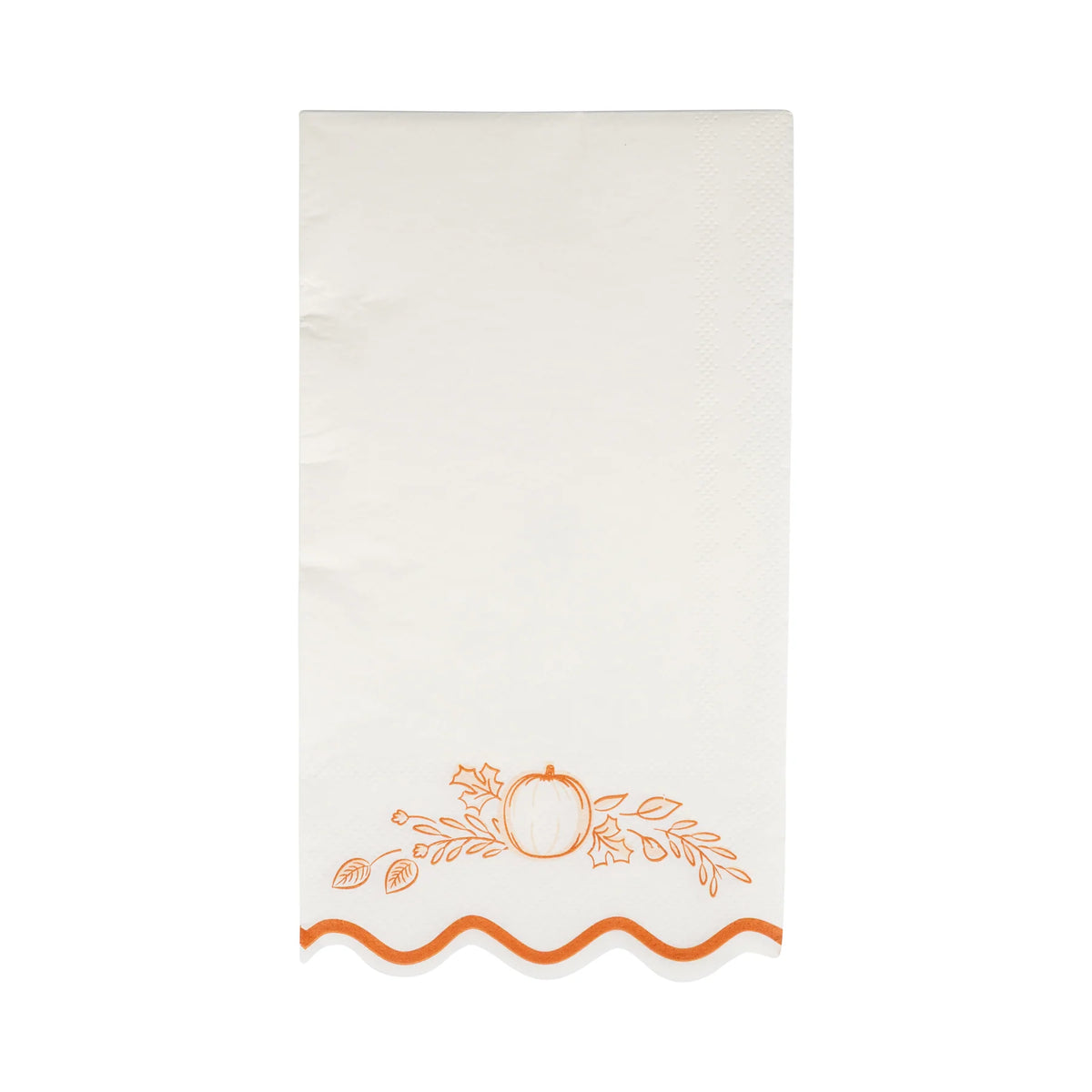 Single white guest napkin with orange pumpkin border and wavy edge