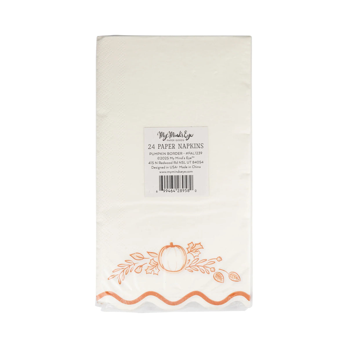 Package of white guest napkins with orange pumpkin border, 24 count