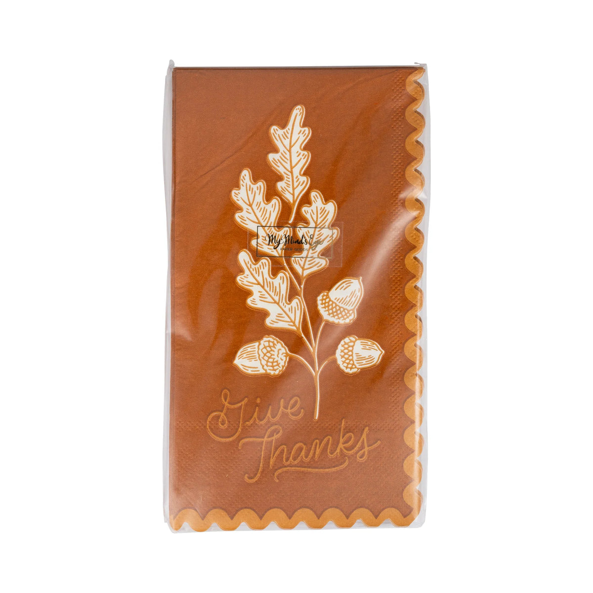 Back of package showing rust acorn and oak leaf dinner napkin design