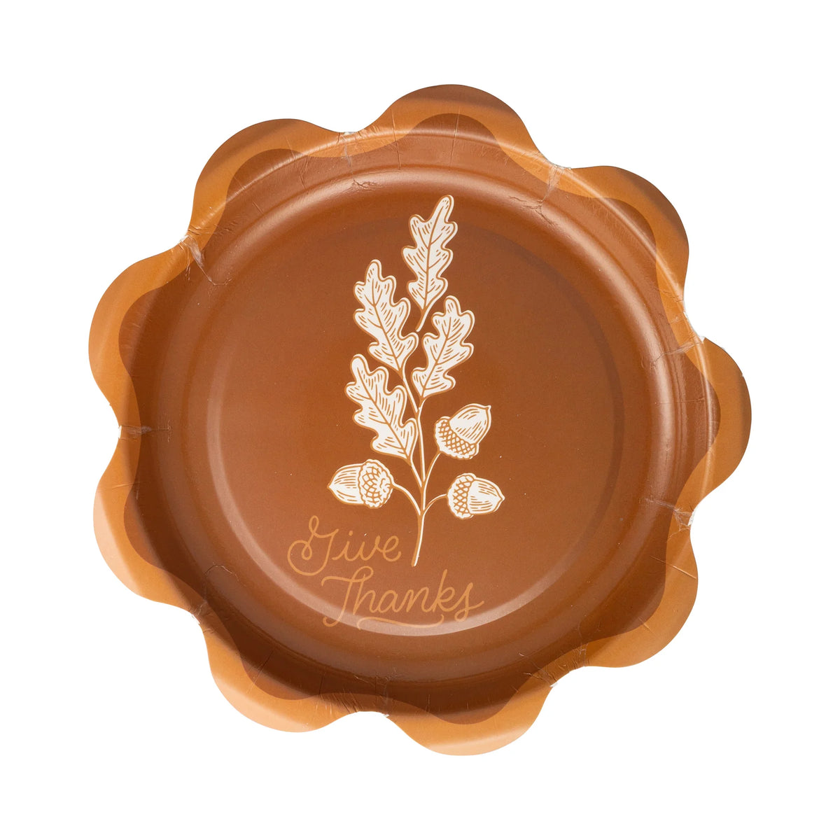 Single rust scalloped dessert plate with oak leaves, acorns, and script