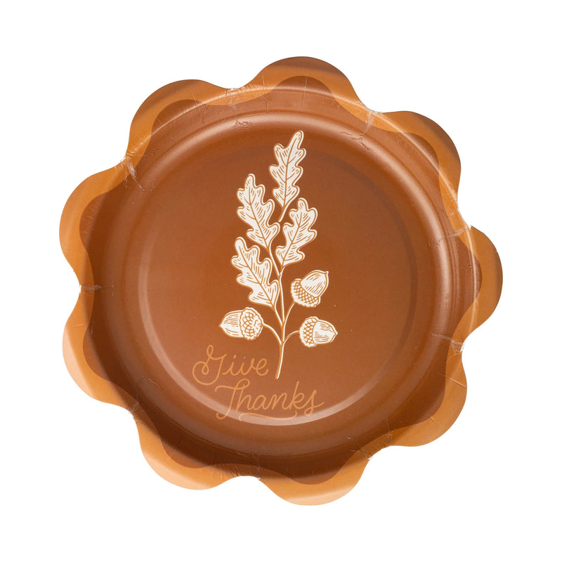 Single rust scalloped dessert plate with oak leaves, acorns, and script