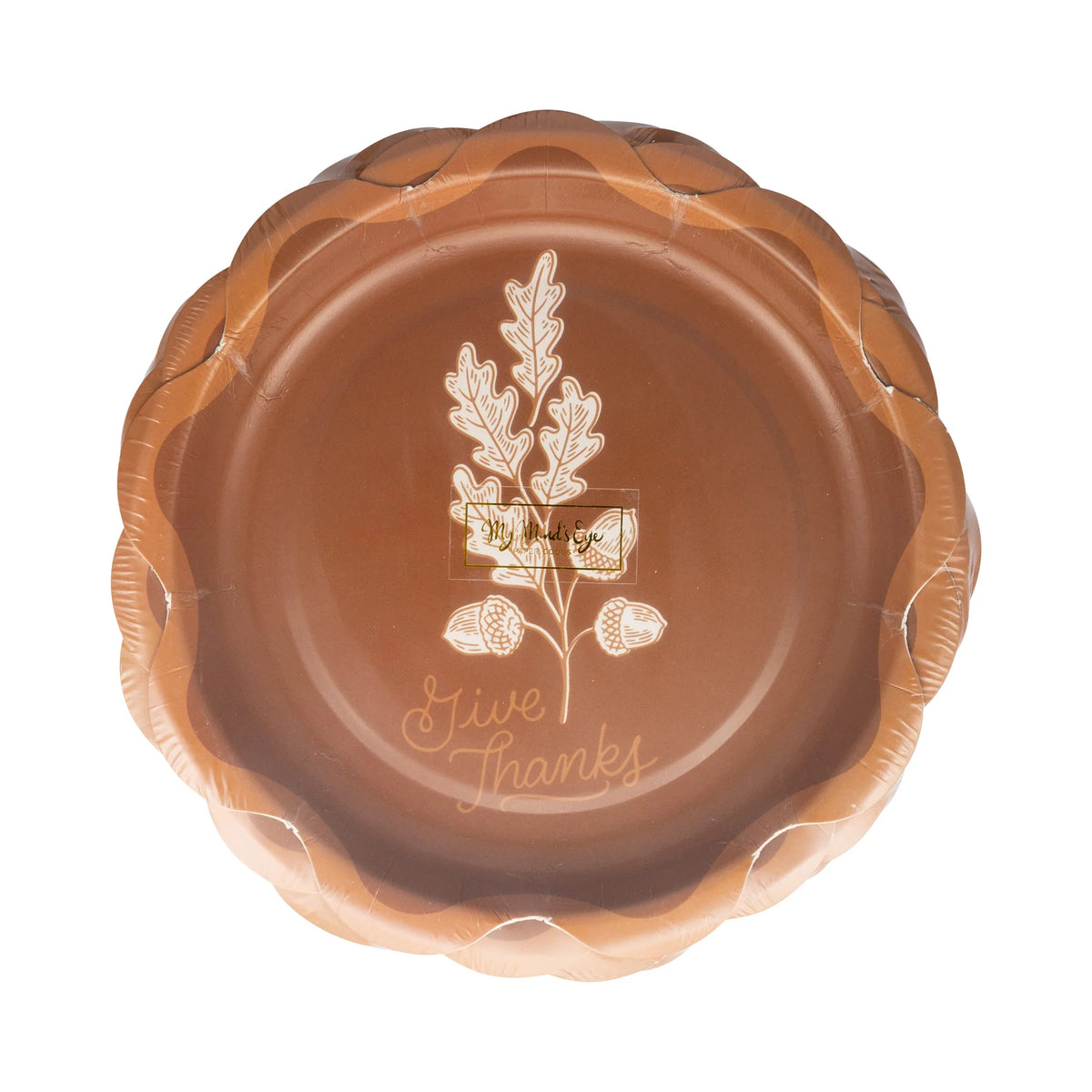 Front pack showing rust scalloped dessert plates with Give Thanks design