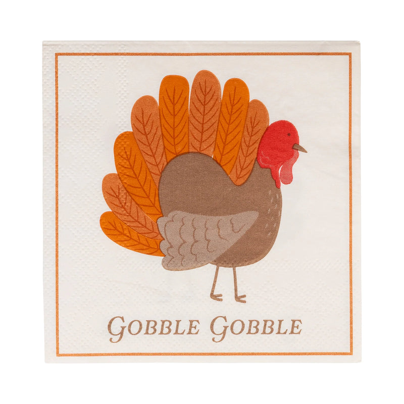 Single Thanksgiving napkin, turkey art and “Gobble Gobble” text, 5 x 5 inches