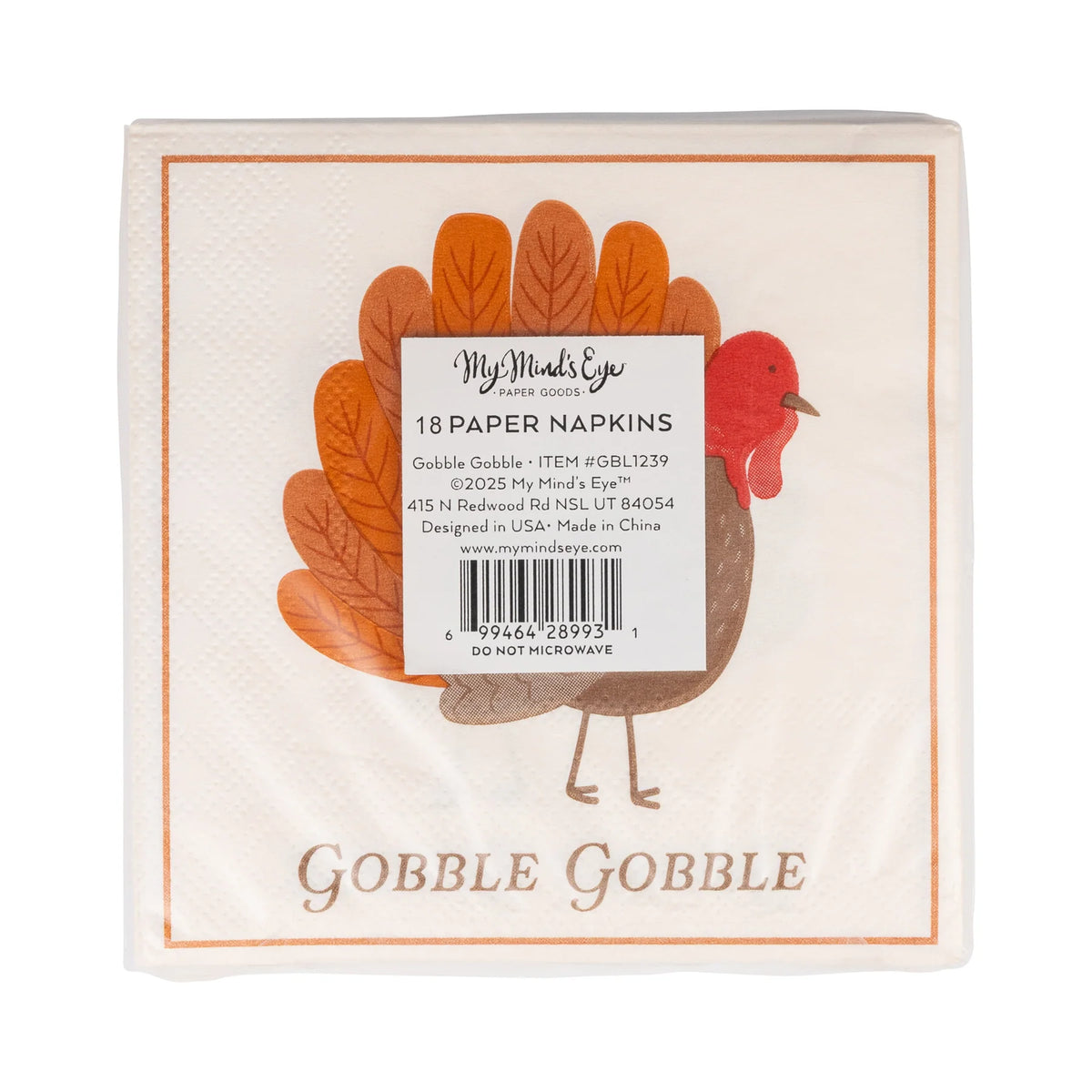 Pack of 18 Thanksgiving napkins with turkey illustration and “Gobble Gobble” gold foil